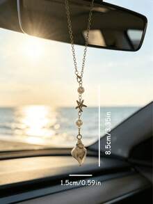 1pc Bohemian Style Ocean Shell Starfish Pearl Car Rearview Mirror Hanging Ornament, 6 Styles Beach Theme Metal Car Interior Pendant, Vehicle Windshield Decoration - A - View 7