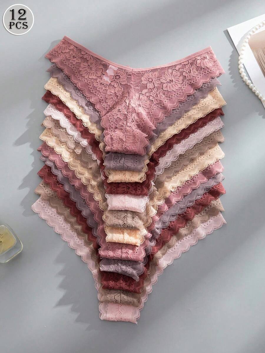 Set Of 12 Pieces Elegant And Comfortable Lace Panties For Women - 軍綠色 - 查看 1