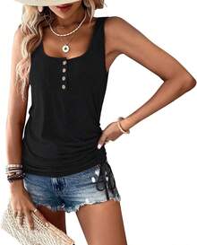 Plain T-Shirt With U-Neck, Buttons, Loose Fit, Short Sleeves, Drawstring, Women's Spring-Summer European-American - 咖啡色 - 查看 7