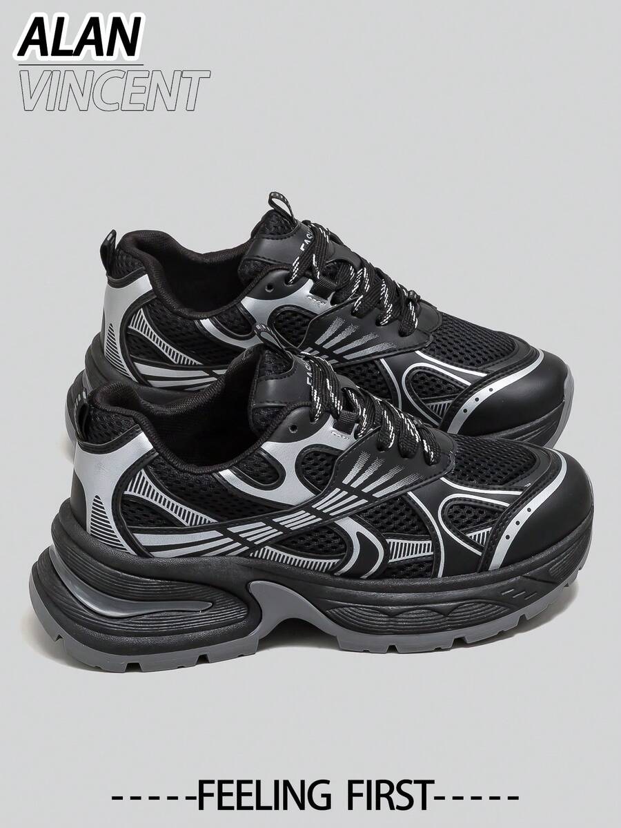 Alan Vincent [Free Returns] [City Sports Shoes Series] Black Sports Shoes Women's New Thick Sole Sneakers Comfortable Fashion Running Shoes Casual Sports Shoes Women's Outdoor Shoes Women's Shoes Breathable Mesh