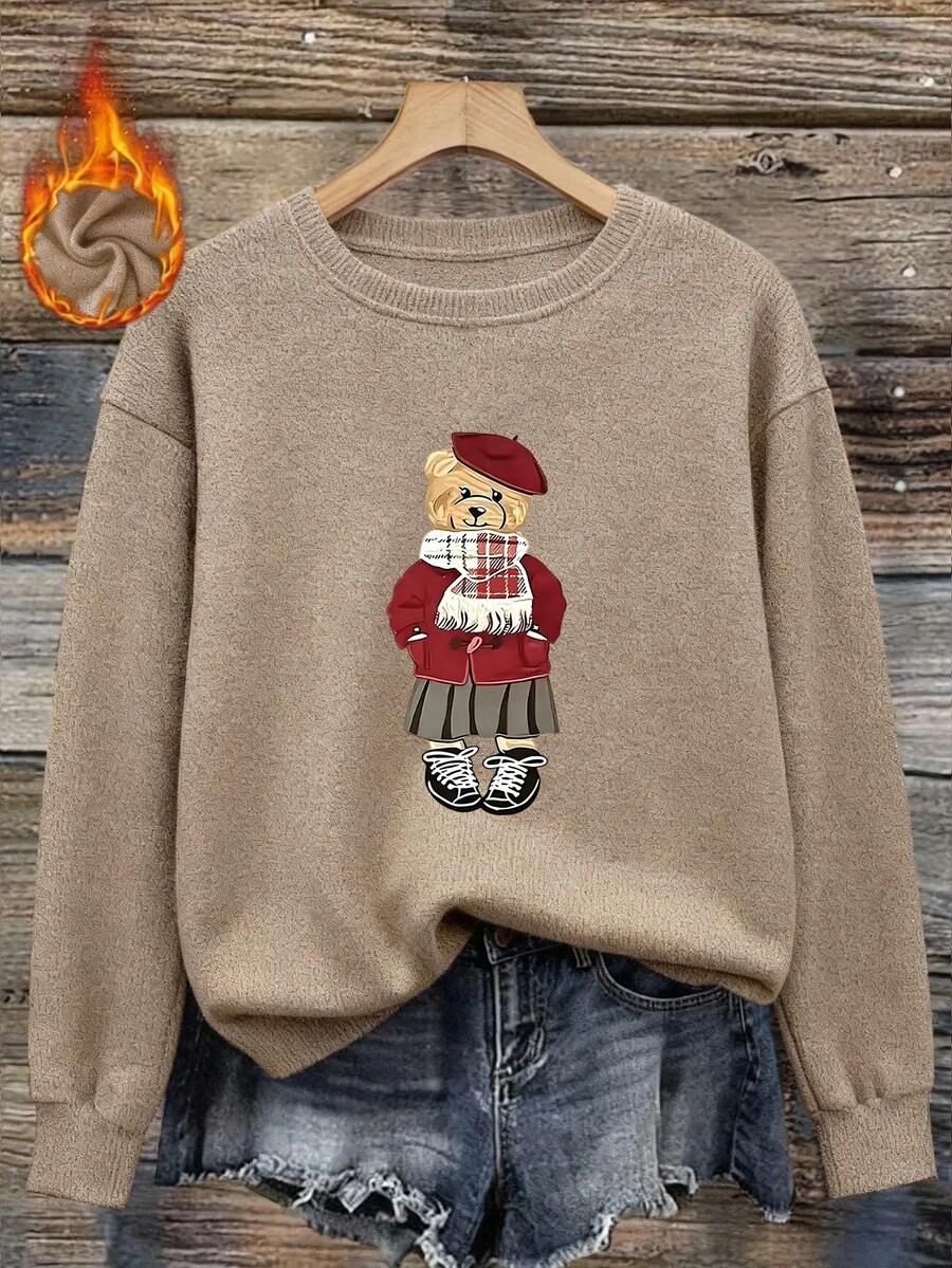 Women's Plus Size Regular Fit Knitted Sweater, Bear Pattern, Long ...
