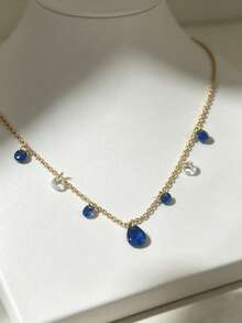 Shescity 1pc Cool-Tone Sparkling Layered Plain Chain Blue Bubble Rhinestone Necklace, High-End Neck Jewelry - Gold - View 4