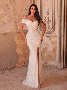 Faeriesty Elegant Women's Strapless Long Formal Mermaid Evening Gown With Beaded Sequins And Slit, Perfect Party Dress Wedding Fall - Apricot - View 1