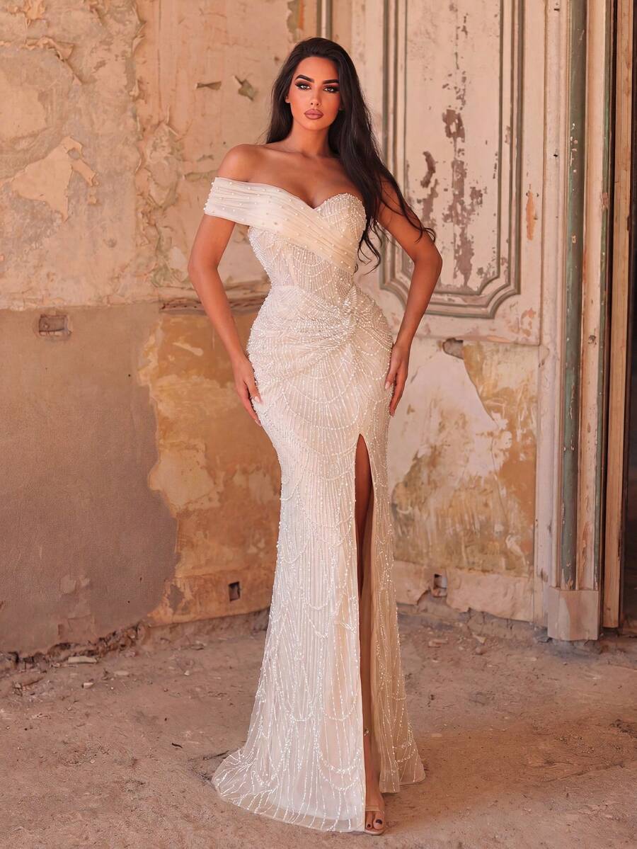 Faeriesty Elegant Women's Strapless Long Formal Mermaid Evening Gown With Beaded Sequins And Slit, Perfect Party Dress Wedding Fall - Apricot - View 1