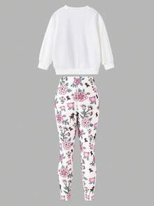 Young Girl [Official Disney Licensed]Disney Bambi 2Pcs Spring/Autumn Girls Long Pants Set, Cartoon Cute Floral Bambi Print Long Sleeve Sweatshirt + Elastic Waist Matching Print Slightly Stretchy Long Pants, Children's Daily Outdoor Sports Versatile Skin-Friendly Clothing, Girls Fashion Vibrant Playful Elegant Personalized Outfit, Great Gift - White - View 2