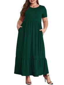 Vestido Casual de Talla Grande para Mujer Mengpipi, Manga Corta, Cuello Redondo, Estilo Holgado con Bolsillos, Azul Marino, Tallas 1X-5X - Verde - Ver 1