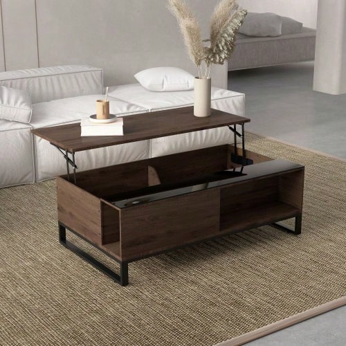 Coffee/Side Table With Lift Function, 102x58x35.5 Cm, Modern Sofa Table With Storage Space, Made Of Black Walnut Colored Steel. - 棕色 - 查看 1
