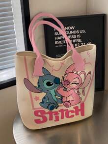 開學季 Disney Stitch 全滿版印花帆布托特包，大容量可愛星星圖案粉色蝴蝶結肩背包，女款女孩日常通勤購物休閒手提包 - 彩色 - 查看 9