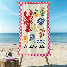 1pc Pink Grid Border Italian Hand-Painted Seafood Microfiber Beach Towel, Multiple Sizes Beach Blanket Sun Protection Towel, Lightweight, Suitable For Swimming, Camping, Sports, Beach Or Gym Beach Accessories | Modern Beach Towel | Durable Beach Mat, Beach Towel - Multicolor - View 7