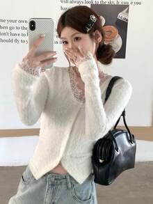 Soft Feminine Lace Patchwork V-Neck Knit Cardigan Women's Autumn/Winter Soft Fluffy Slimming Top - White - View 4