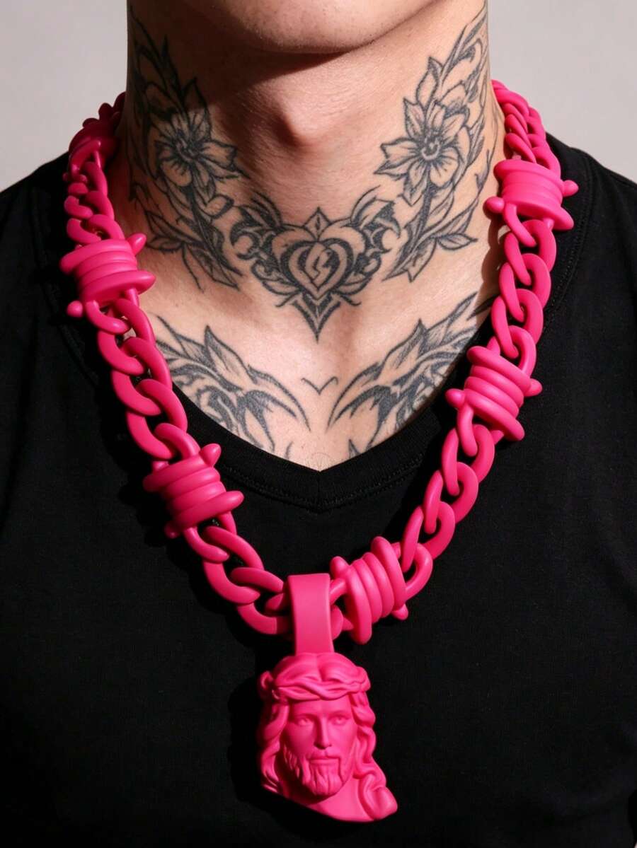 1件耶穌肖像吊墜項鍊，配透明多彩壓克力荊棘鏈條，適合男士 - 彩色 - 查看 1