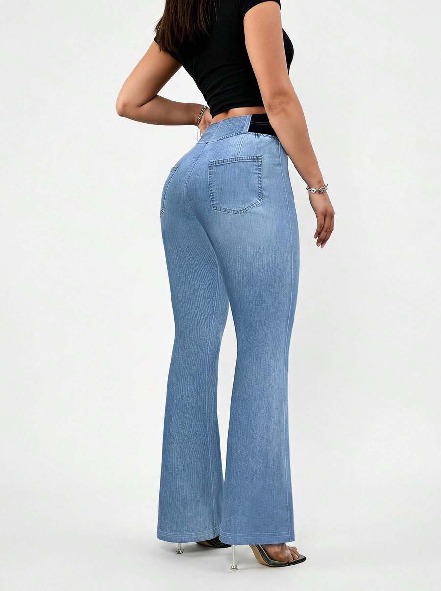 Blazique Damen Hose mit hoher Stretch-Passform und Glockenform, Jeans-Effekt Muster - Slim Fit Retro Stil Hose, bequeme atmungsaktive Lässig Hose für den Frühling - Blau - Übersicht 1