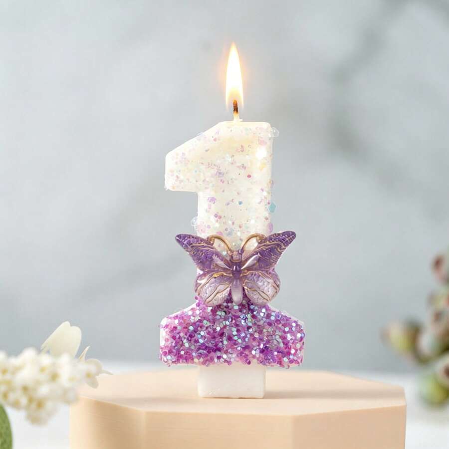 1PC Birthday Candle Gradient Purple Glitter Number 0-9 Candle With Purple Butterfly Decor, Cake Topper For Birthday Anniversary Party - Purple - View 1