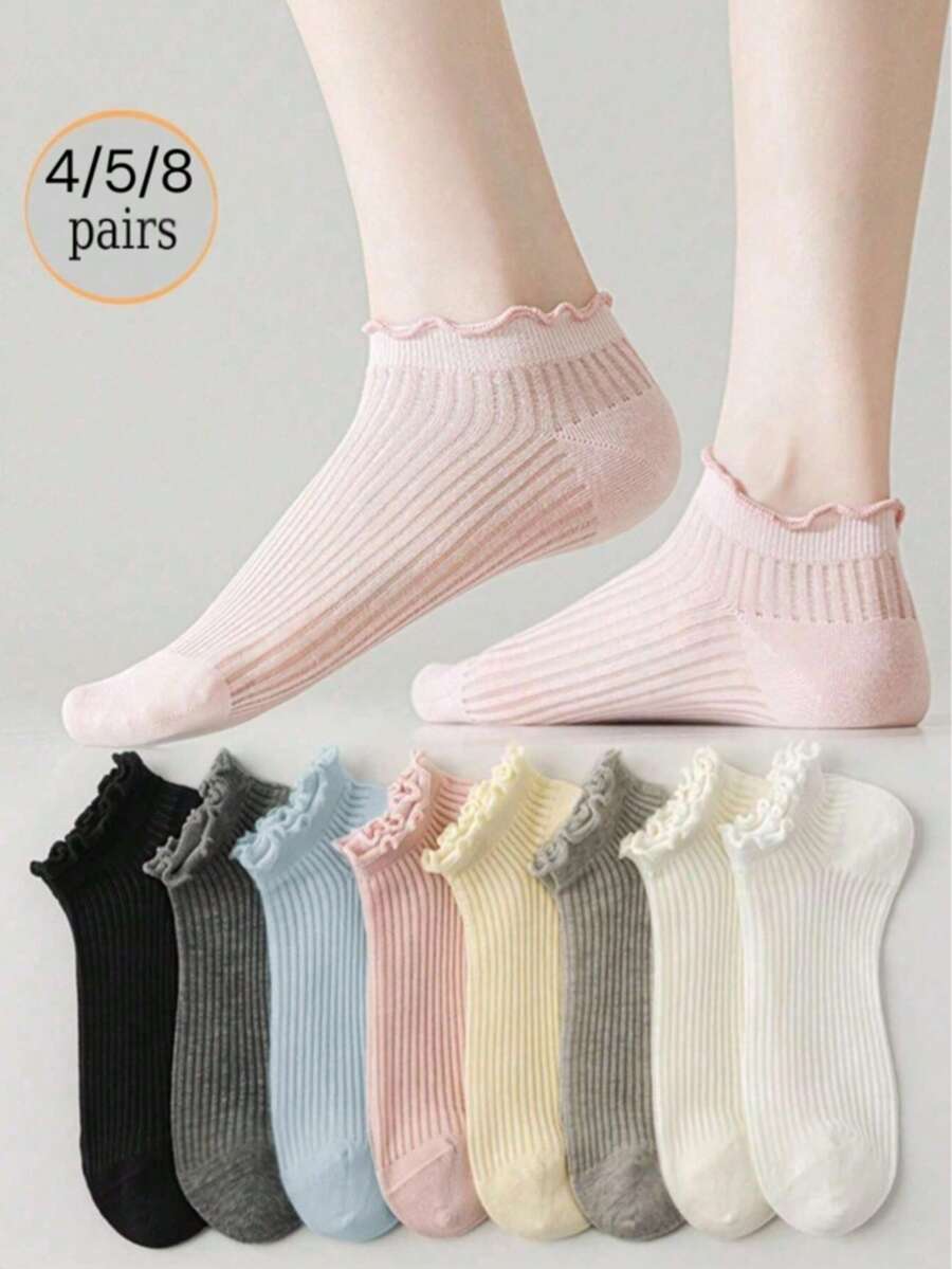4/5/8双装女士纯色经典百搭透气荷叶边短袜，可爱甜美日常休闲镂空荷叶边洛丽塔风格简约竖条纹蕾丝边袜，适合日常、休闲、运动、旅行，是所有节日送礼佳品，春夏皆宜。 - 彩色 - 查看 1