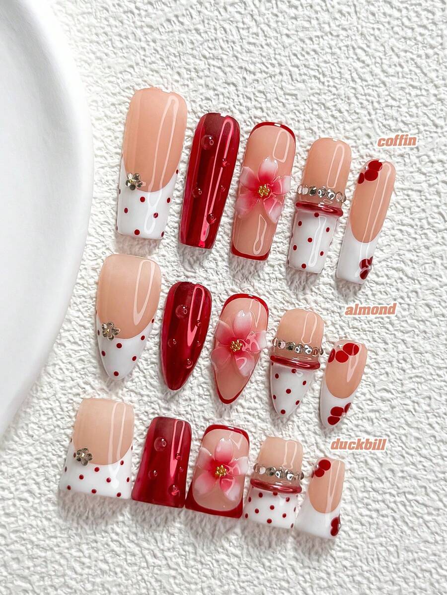 10Pcs Metallic Style Handmade Press On Nail,Polygel Nail Set,Water Droplets, Flowers, Red, White And Pink Nail Polish,Gentle And Refined Style,Includes Nail Tools,3 Sizes Available,Almond Nails , Duck Nails,Coffin Nails For Party, Dance, Daily Wear. - 彩色 - 查看 1