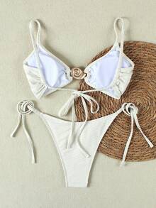 2026 Summer New Arrival, Women's Beige Textured Triangle Bikini With Shell Decor And Spaghetti Strap, Sexy Beach Vacation Two Pieces Swimsuit Set - Light Khaki - View 2