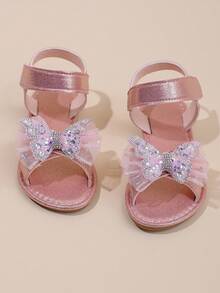 1 Pair Of Girls' 3D Mesh And Rhinestone Butterfly Glitter Hook And Loop Open-Toe Flat Sandals, Sweet Princess Style, Perfect For Everyday Summer Wear. - Pink - View 3