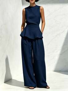 Women's Two-Piece Set: Sleeveless Blouse With Round Neck, Ruffled Hem, Fitted Waist, And Textured Palazzo Pants; Elegant Casual Outfit For Office, Everyday Wear, And Going Out - 藏青色 - 查看 7