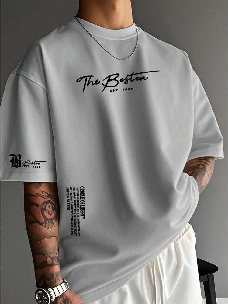 Camiseta de manga corta de cuello redondo con estampado gráfico sencillo para hombre - Gris Claro - Añade 8