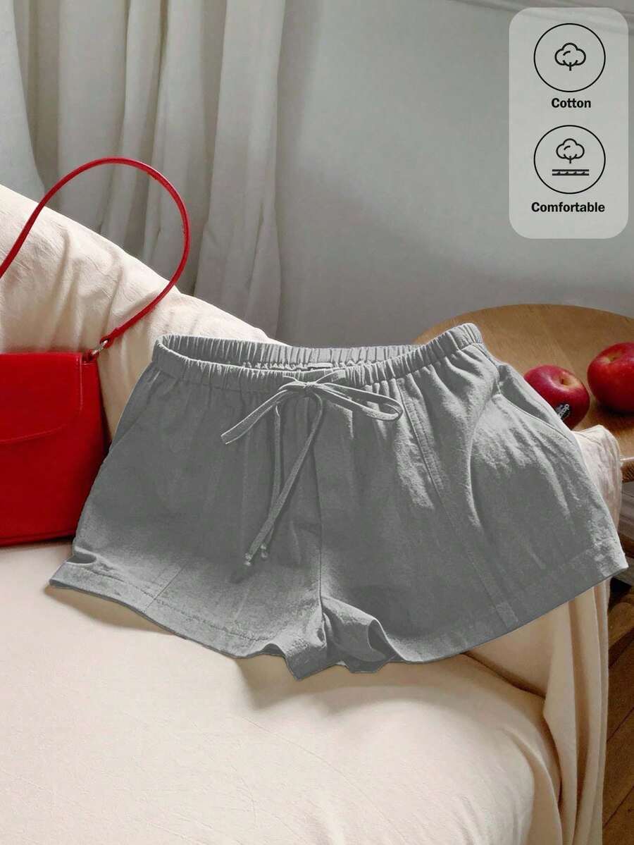 Pantalones cortos sólidos de mujer informales y sueltos con cordón, versátiles para uso diario - Gris - Ver 1