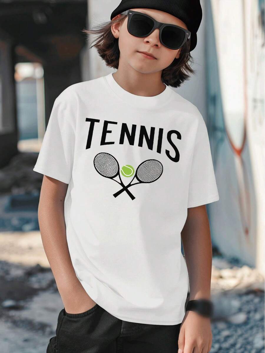 Classic Casual T-Shirt With Graphic Tennis Print, Crossed Rackets And Green Ball For Children Ages 5-13, Sportswear, Urban Style, Fashionable Casual Clothing - 白色 - 查看 1