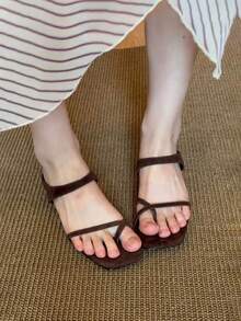 法式方頭細帶鏤空休閒露趾拖鞋 女款沙灘度假透氣粗跟華麗涼鞋 - 棕色 - 查看 7