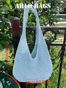 This Light Blue Woven Shoulder Bag Has A Large Capacity, Breathable And Lightweight Fabric, And Features A Casual Hollow Crochet Design, Making It Perfect For Students, Young Women, And Casual Vacation Enthusiasts. It's An Ideal Choice For Beach Vacations, Seaside Trips, Daily Shopping, Casual Walks, And Outdoor Activities. - Baby Blue - View 2