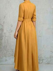 Vestido de línea A con botones frontales y cinturón, de color liso y casual, elegante para la primavera - Amarillo - Ver 2