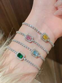 1pc Fashion Minimalist Square Geometric Colorful Cubic Zirconia Adjustable Decorative Bracelet, Suitable For Women's Daily Wear - Multicolor - View 2