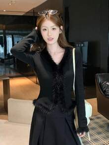 Luxury Premium Black Fuzzy V-Neck Knit Sweater Women's Outerwear Top, Spring/Autumn New Style - Black - View 2