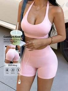 Women's Casual Sports 2 Pieces Set, Halter Neck Tie Back Open Back Cropped Tank Top, High Waist Tight Shorts, Suitable For Yoga, Fitness, Daily Wear - Pink - View 5