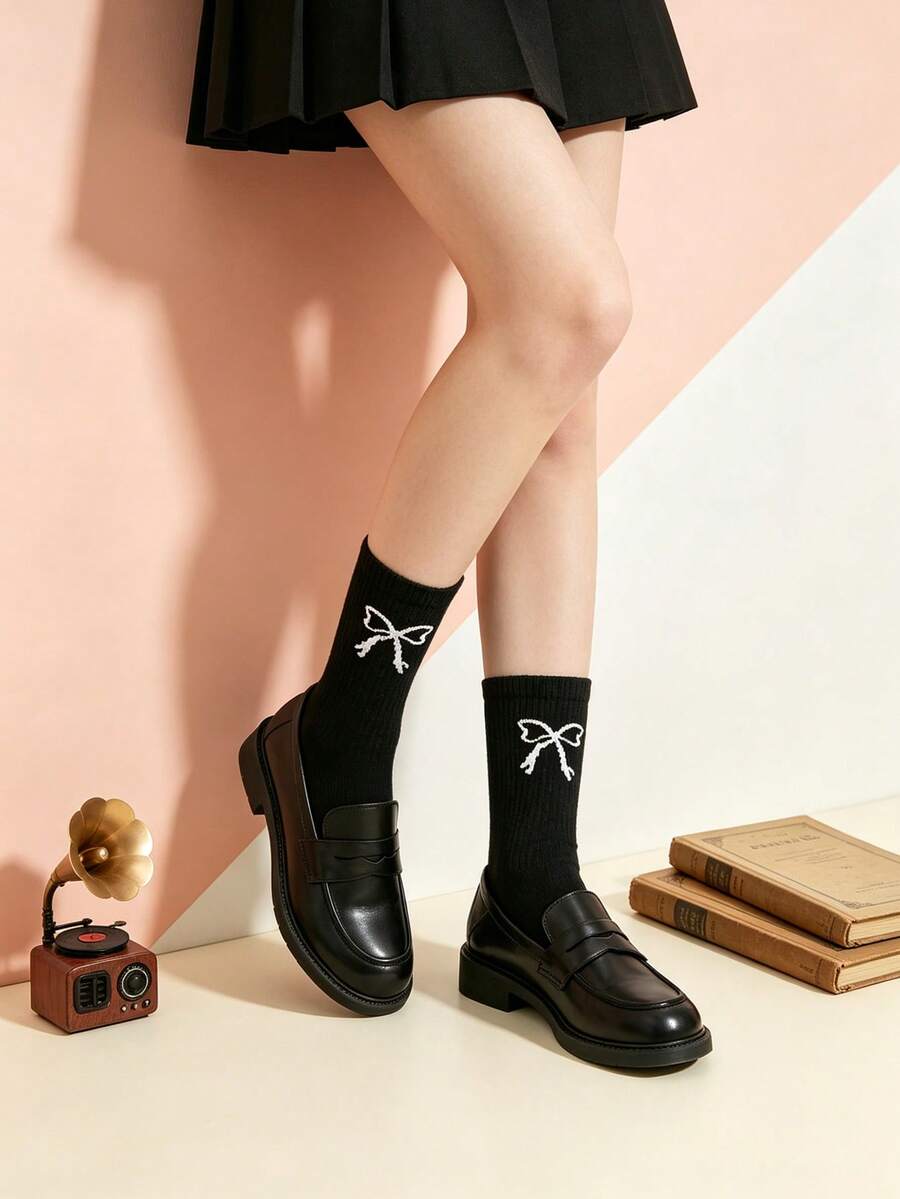 1/3/5雙女款小腿襪,蝴蝶結圖案,適合居家、戶外與運動,舒適柔軟透氣 - 彩色 - 查看 1