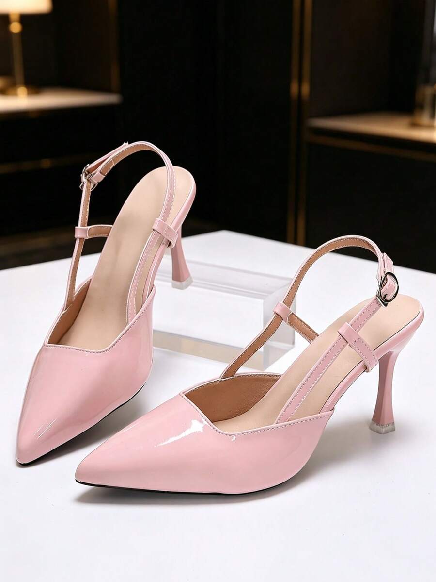 1 Pair Pink Pointed Toe Girl's High Heel Sandals, Solid Color Shiny ...