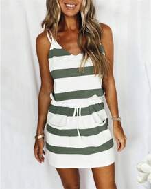 Vestido largo tipo camisola holgado con estampado de rayas, moda de verano para mujeres europeas y americanas. - Verde - Ver 1