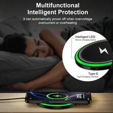 15W Mirror Wireless Charger With Built-In LED Ambient Indicator, Induction Fast Charging Technology, Stable And Efficient Charging; Compatible With IPhone 17/16/15/14/13/12 Pro, XS Max, Mini, X, XR Full Series, And Also Compatible With Samsung Mainstream Flagship Models, Compact And Portable, Suitable For Home, Office And Other Scenarios - Black - View 6
