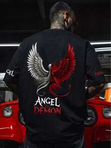 Dope | Men's Street Fashion Contrast Angel Devil Wing Print Loose Fit T-Shirt | Suitable For Sports & Fitness | Comfortable & Breathable - Black - View 3