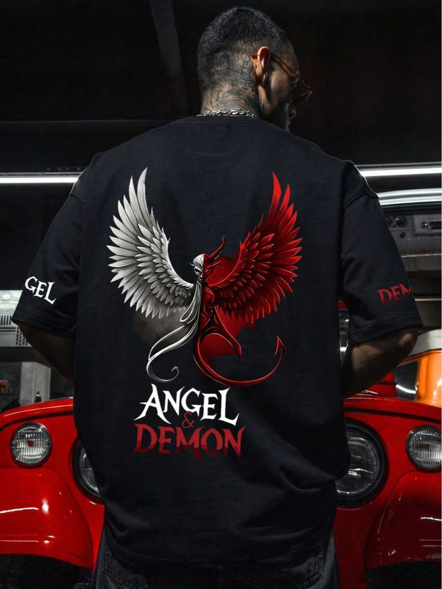 Dope | Kaos Pria Gaya Jalanan dengan Motif Sayap Malaikat dan Setan Kontras, Potongan Longgar | Cocok untuk Olahraga & Kebugaran | Nyaman & Bernapas - Hitam - View 1