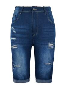 Jeans rasgados con puño enrollado de talla grande elegante para trabajo & casual de verano - Azul - Ver 4