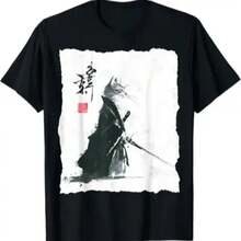 Camiseta de Estilo Japonés Ukiyo-e con Arte de Tinta de Gato Samurai y Guerrero Katana skibidi rizzmas - Negro - Ver 1