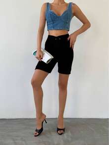 Women Structured Crop Top With Wide Shoulder Straps, Seamed Bust Cups, And A Fitted Corset-Inspired Silhouette. - Medium Wash - View 4