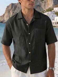 1 pieza Camisa de lino sintético holgada color café marrón para hombre, camisa casual para hombre, camisa de vacaciones para hombre, ligera y transpirable, camisa de manga corta para hombre, - Negro - Ver 2