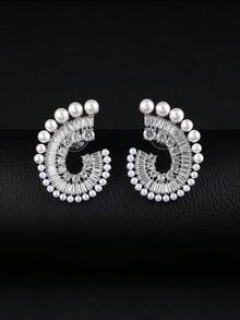 1 paire de boucles d'oreilles pendantes de luxe géométriques avec CZ 5A & perles fausses, monture en cuivre, pour mariage & robes de soirée, fêtes - Superbes boucles d'oreilles - Voir 5