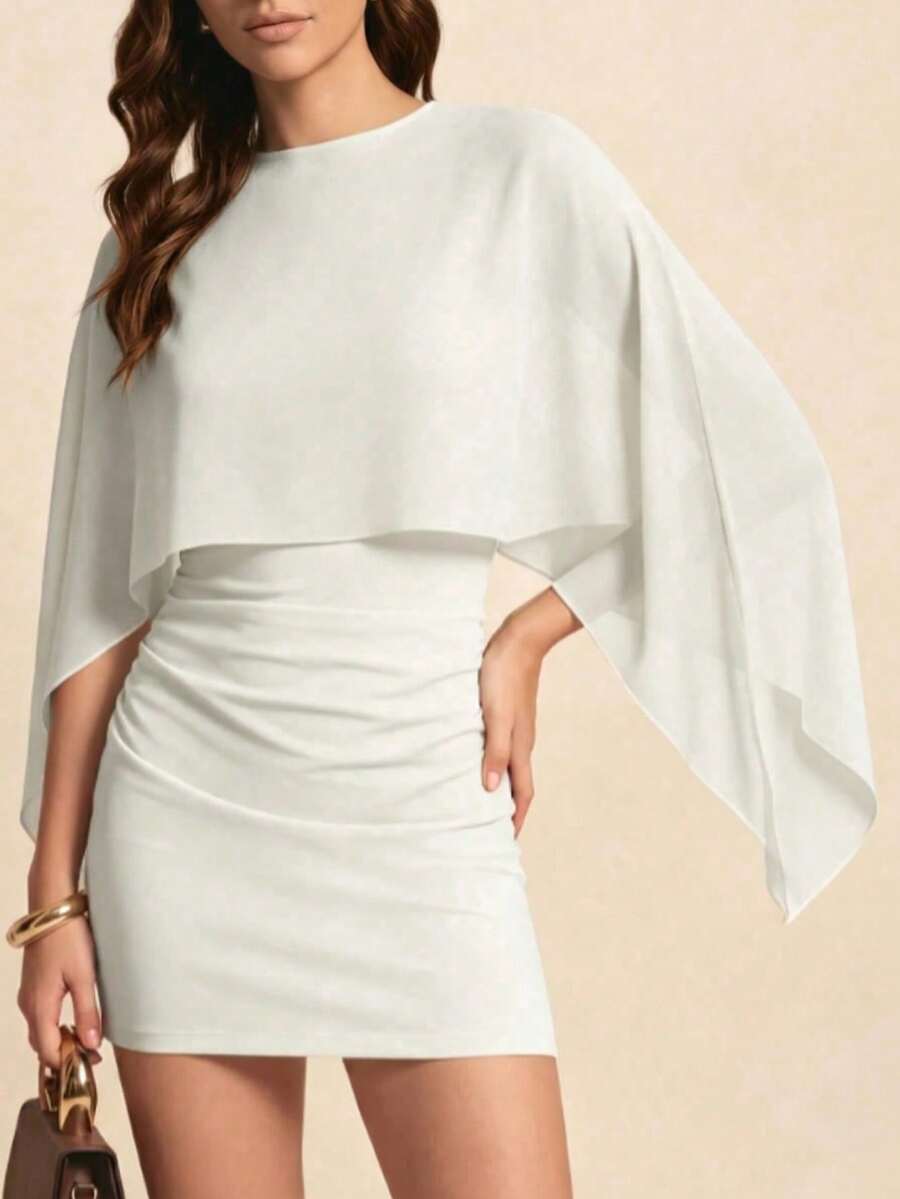 Vestido mini 2 en 1 de unicolor con mangas de murciélago y empalme, ligero, para citas nocturnas, vacaciones, fiestas de cumpleaños y uso diario - Albaricoque - Ver 1
