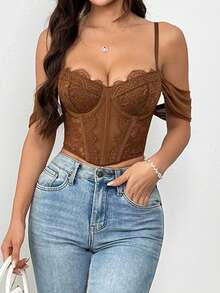 RAHQ Sheer Floral Lace Bustier, Y2K Hot Weather Crop Top For Urban Daily OOTD - Brown - View 5