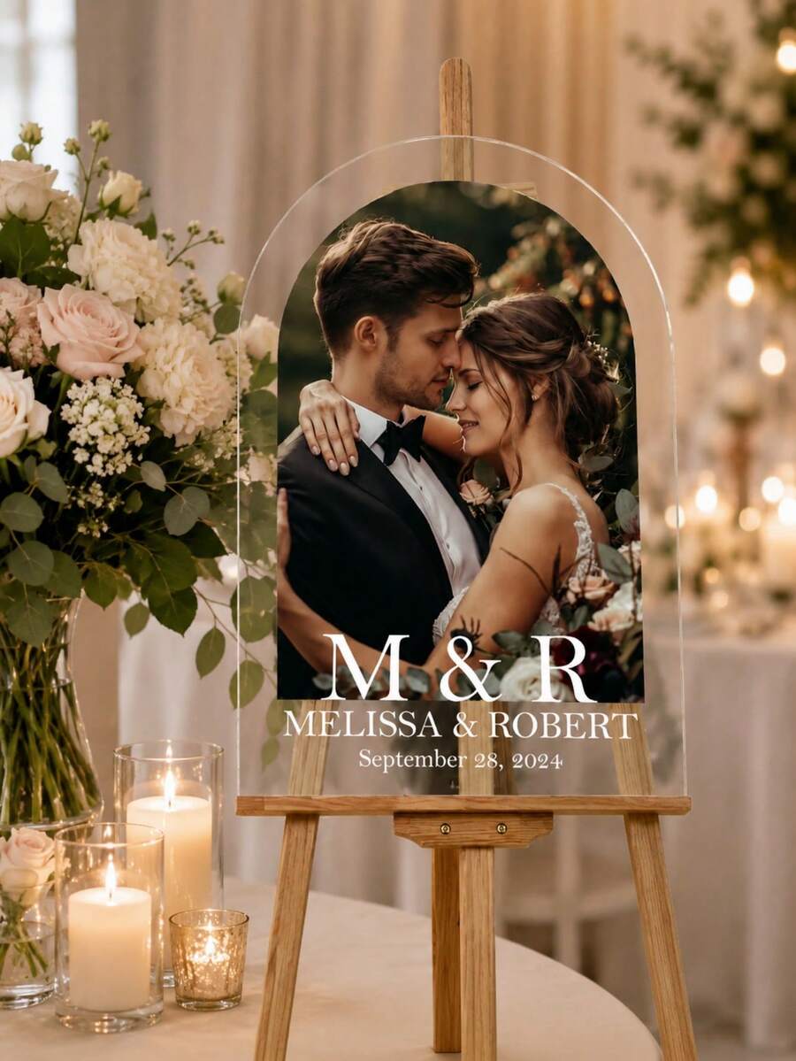 1PC Customizable Photo & Text Acrylic Wedding Welcome Sign, Exclusive Personalized Happy Life Decor Plaque, Suitable For Wedding Venue Decoration, Wedding Decor, Wedding Welcome Sign, Customized Wedding Crafts - Multicolor - View 1