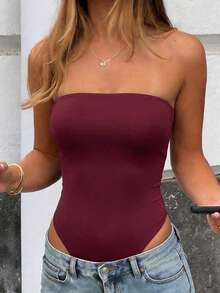 Bodysuit Feminino Sem Alças de Cor Sólida, Versátil para Uso Diário, Sexy & Fashion Verão - Vinho - Visão 4