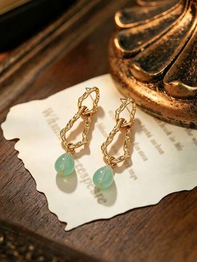 1 Pair Twisted Texture Double Ring Spliced Dangle Earrings, Fresh Light Tone Water Drop Pendant Design, Casual Outing Vibe Outfit Earrings