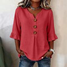 Verano 2026: Nueva Blusa de Algodón y Lino con Botones, Cuello en V y Mangas con Volantes, Cómoda y Transpirable - Blanco - Ver 2
