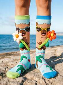 1 Pair Kids Unisex Knee High Socks, 3D Plush Flower Capybara Cartoon Light Blue Tropical Creative Design For Daily Wear - Multicolor - View 7