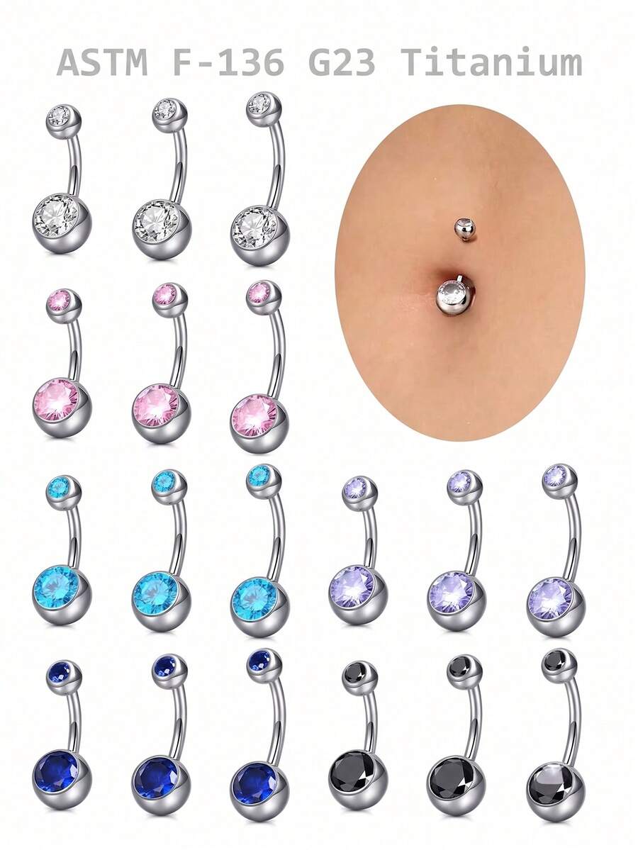 CIZME Anillos de ombligo de titanio de colores mixtos, anillos de ombligo con rosca interna de 14G, anillos de perforación de ombligo de estilo corto, anillos de ombligo con circonita cúbica redonda, unisex, tallas 6mm, 8mm, 10mm - Plateado - Ver 1